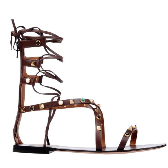 Valentino Rockstud Brown Beaded Strap Gladiator Lace Up Tie Ankle Flat Sandal 38 - Picture 1 of 12